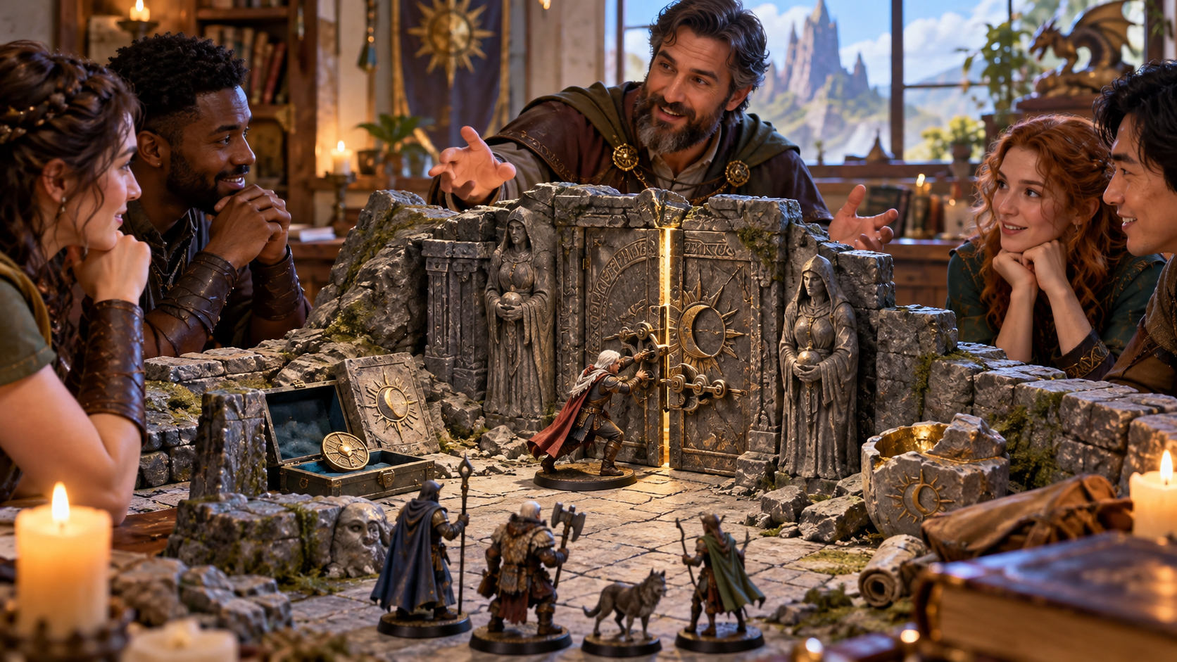 Fantasy illustration of a gaming group around a miniature stone door with a figure pushing its golden-lit seam while party miniatures wait outside