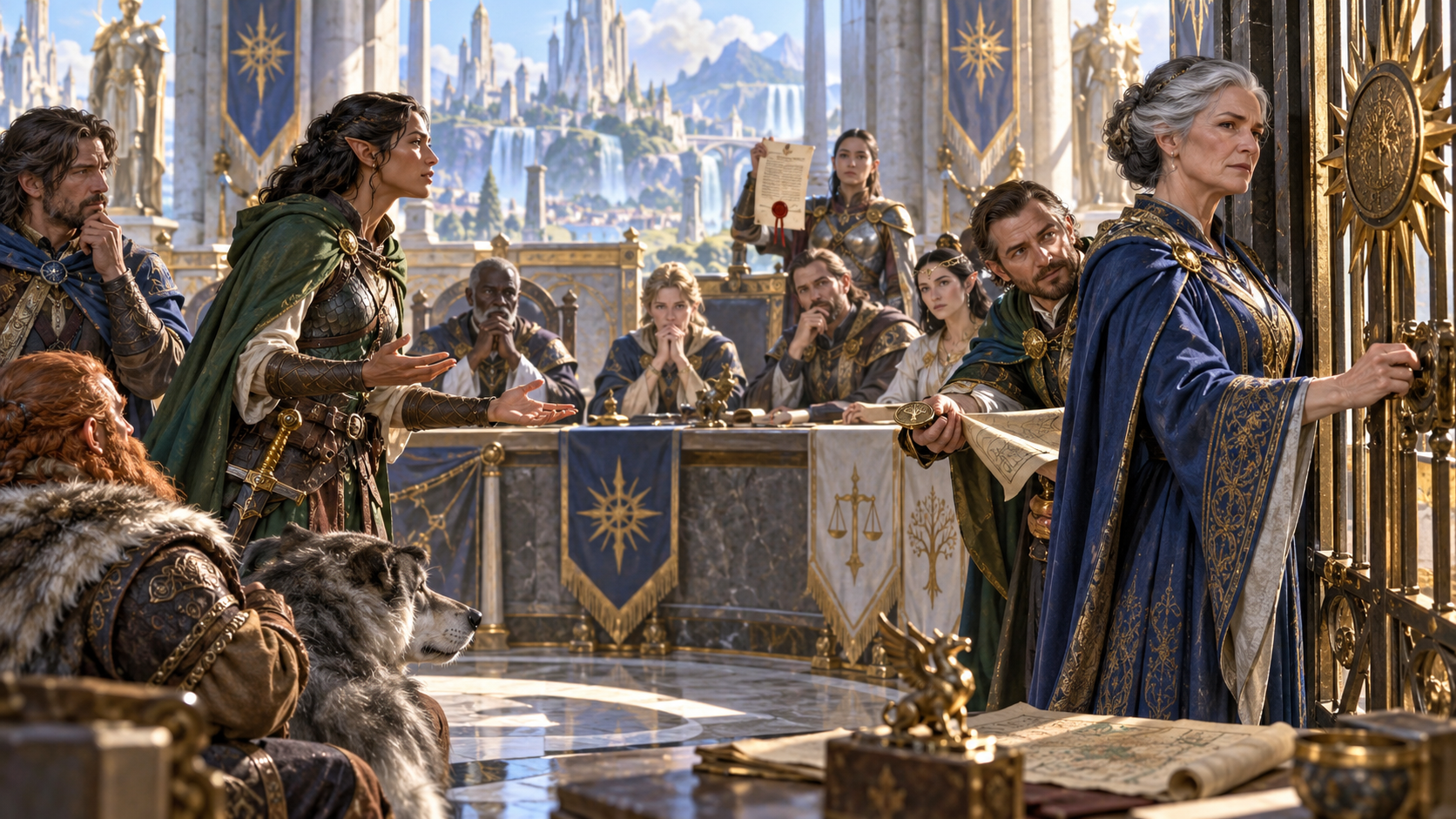 Fantasy illustration of an elf explaining a case before a court while a grey-haired woman opens a golden gate and witnesses listen