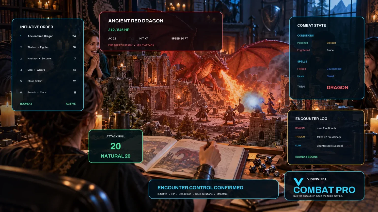 Combat PRO illustration of a fantasy encounter workspace with initiative, a dragon and encounter state