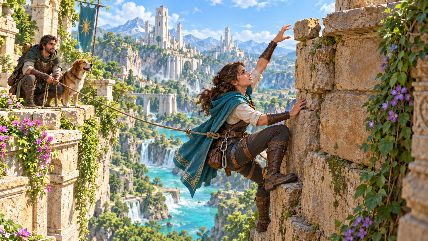 Fantasy illustration of a rope-secured adventurer reaching below the top of a stone wall while a companion and dog wait across a gap