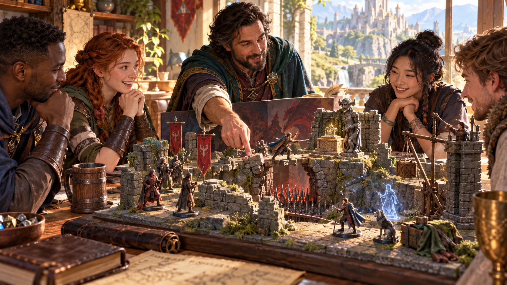 Fantasy illustration of friends at a gaming table with ruined stone miniatures and a figure reaching across a spike-filled gap